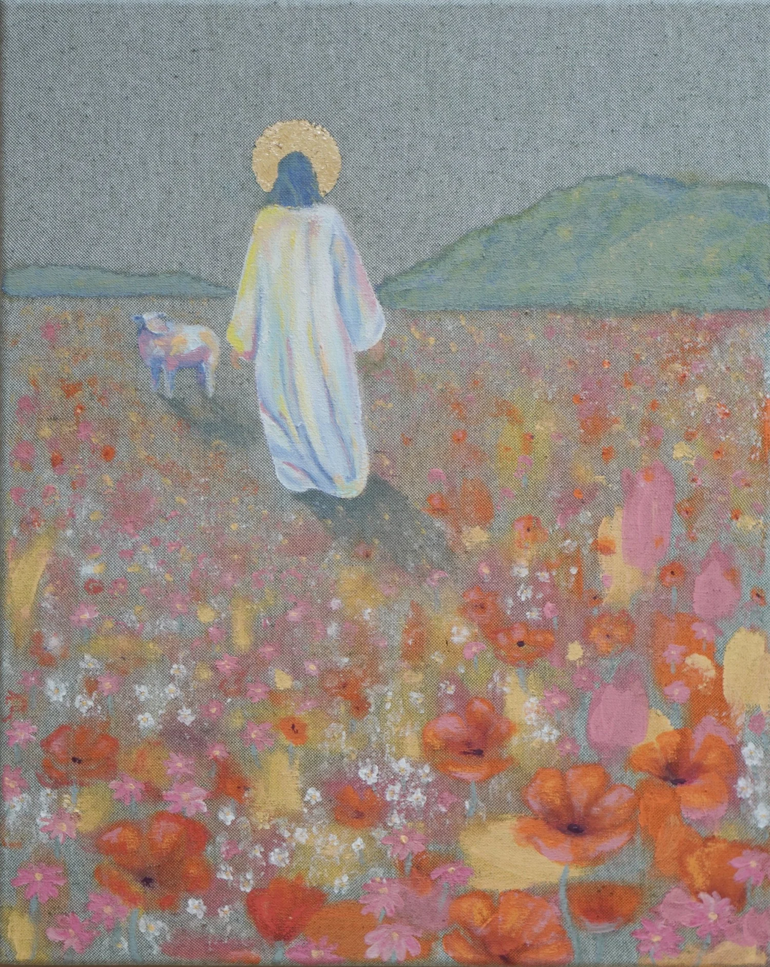 Er verlässt die 99, Jesus mit dem Schaf in der Blumenwiese, Detailaufnahme
