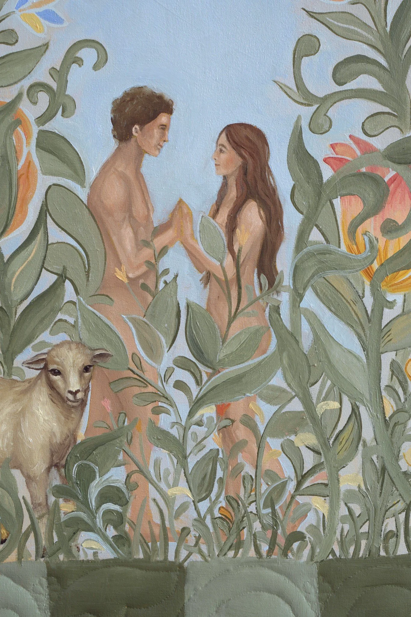 Adam und Eva, Adam und Eva einander zugewandt, Detailaufnahme