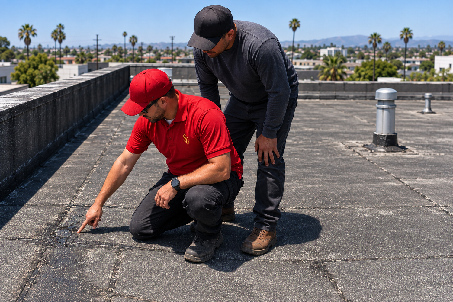 Illustration of a Stonebridge roof assessment with the owner examining a roofing seam