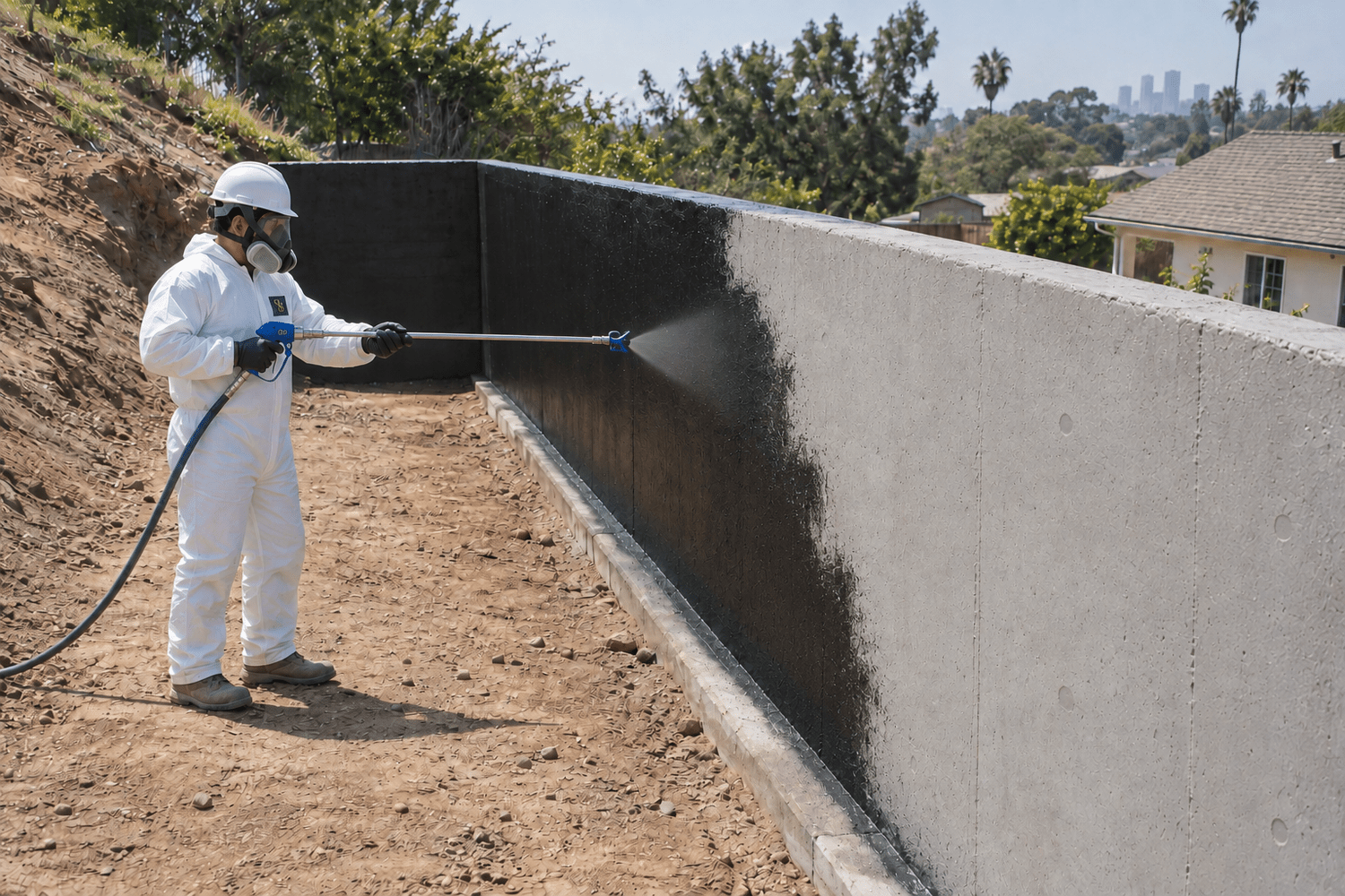 Illustration of waterproofing on the soil-facing side of a residential retaining wall