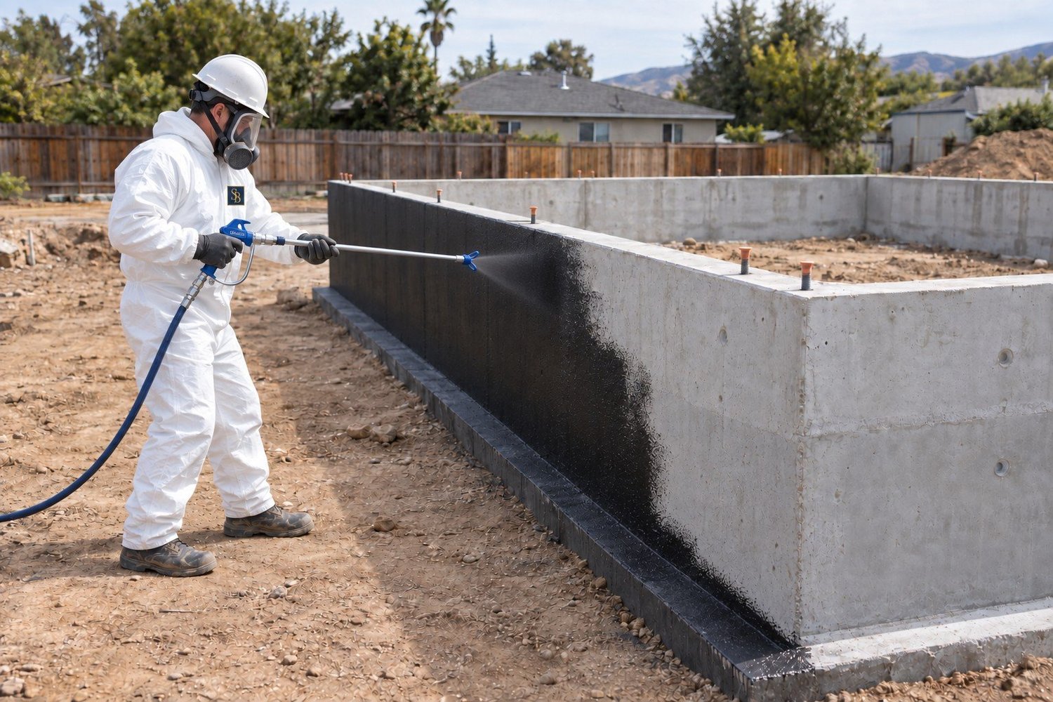 Illustration of spray-applied waterproofing on a continuous residential concrete stem-wall foundation