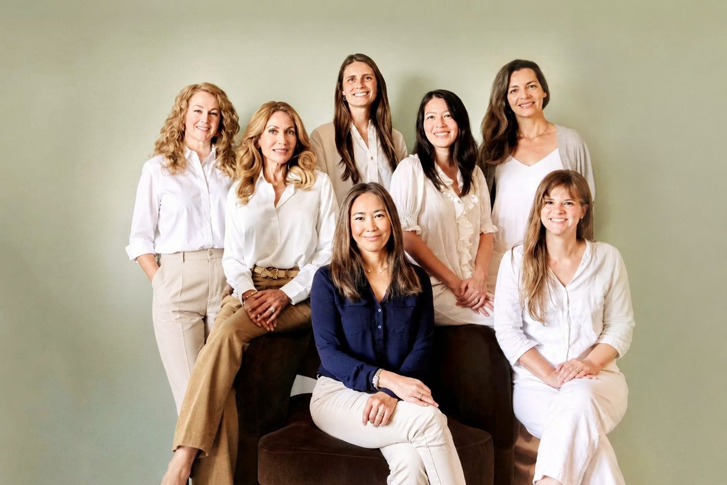 The seven clinicians of Lisa Chen & Associates Therapy, with founder Lisa Chen, LMFT, seated center
