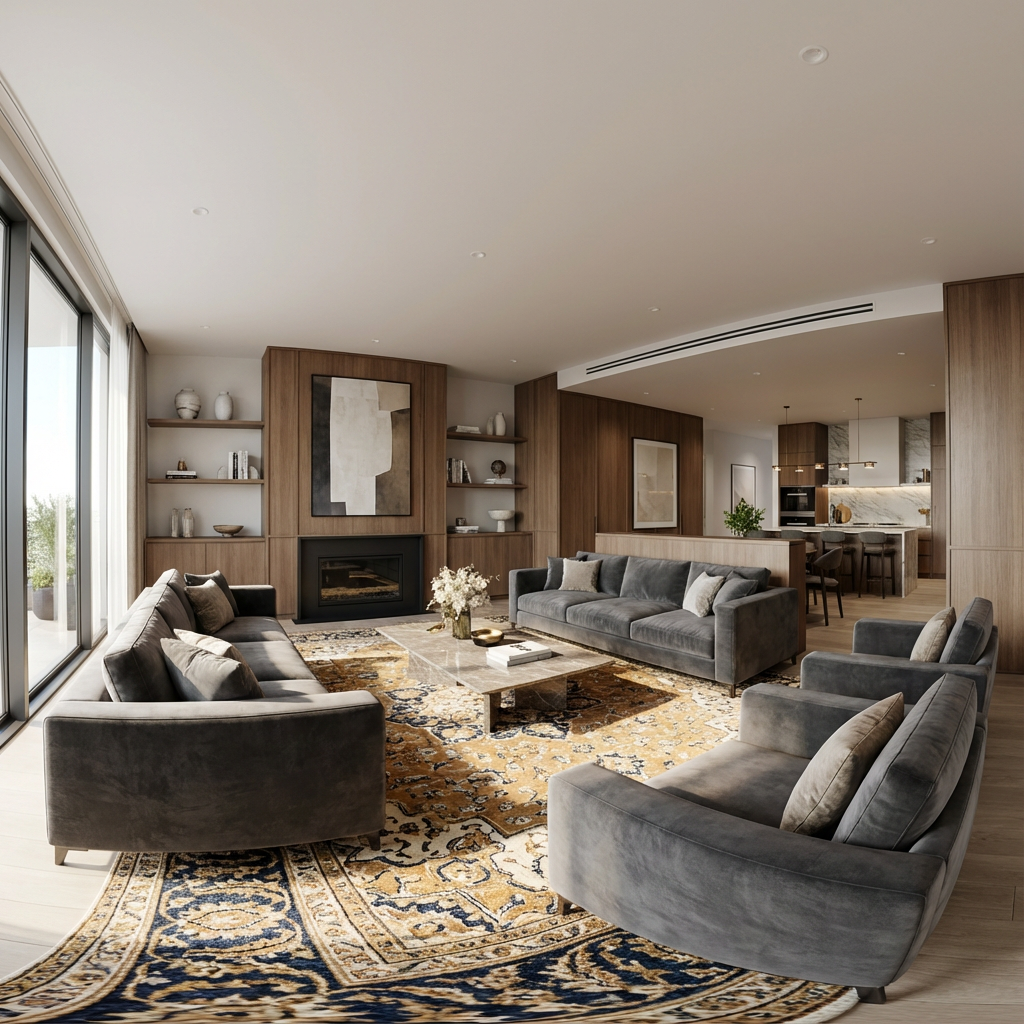 Visite virtuelle 360 degrés salon moderne open space - Anthony Junet photographe immobilier visite 360 Rhône Lyon Brullioles - Photo immobilière interactive haute qualité