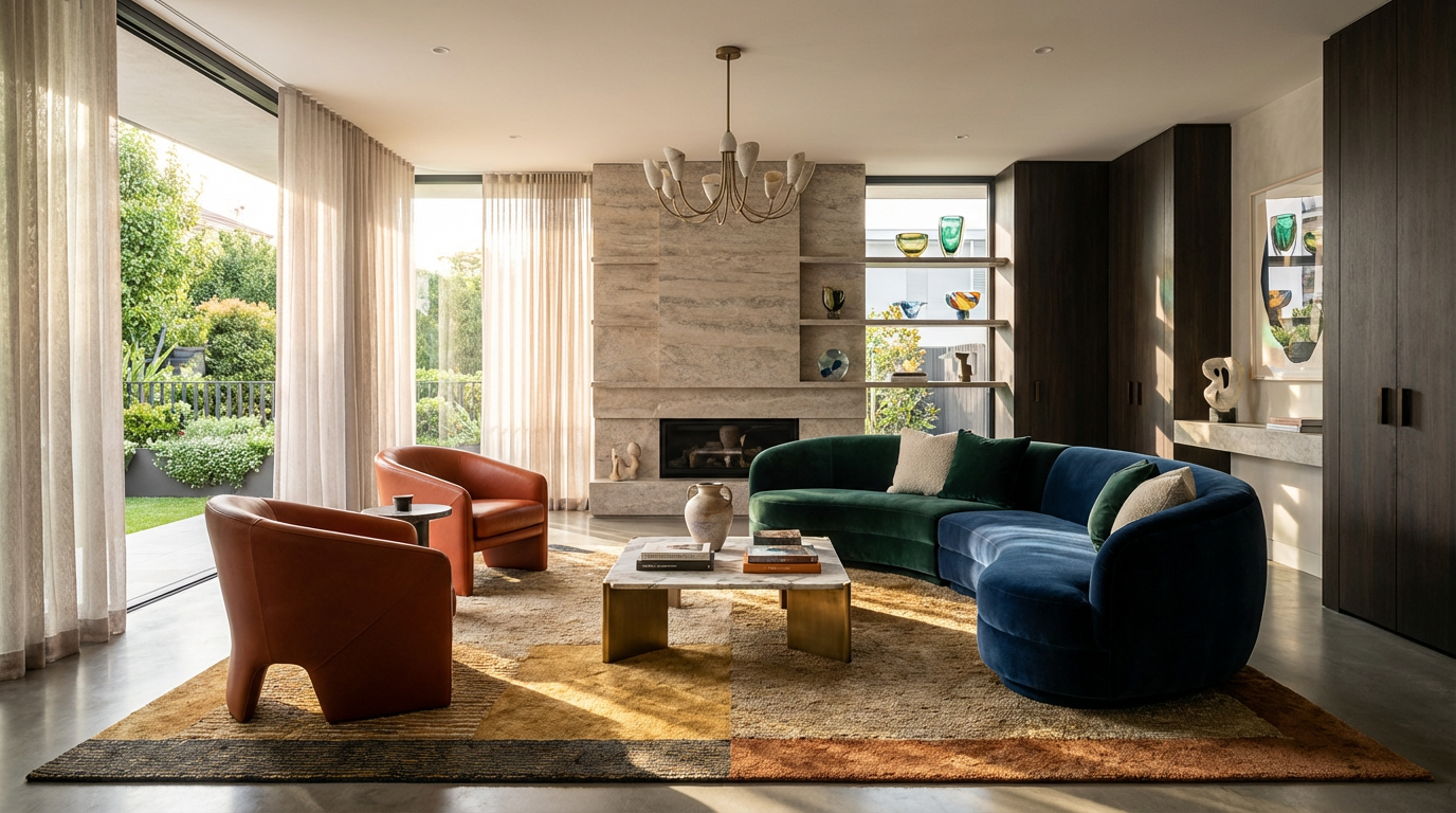 Photo HDR salon design contemporain lumineux cheminée - Anthony Junet photographe immobilier professionnel Rhône Lyon Monts du Lyonnais - Photographie intérieure haute qualité immobilier