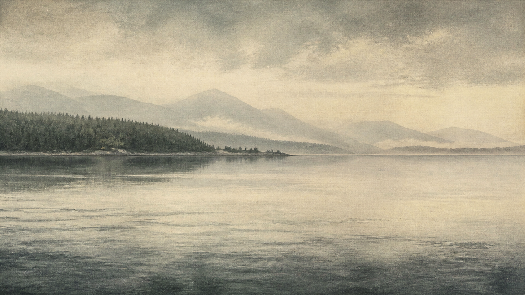 A quiet coastal landscape with forest, water and distant mountains