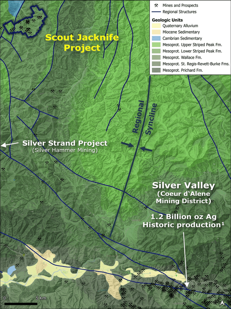 Figure 1: Location of Jacknife relative to the Silver Valley, highlighting similar geologic setting.
