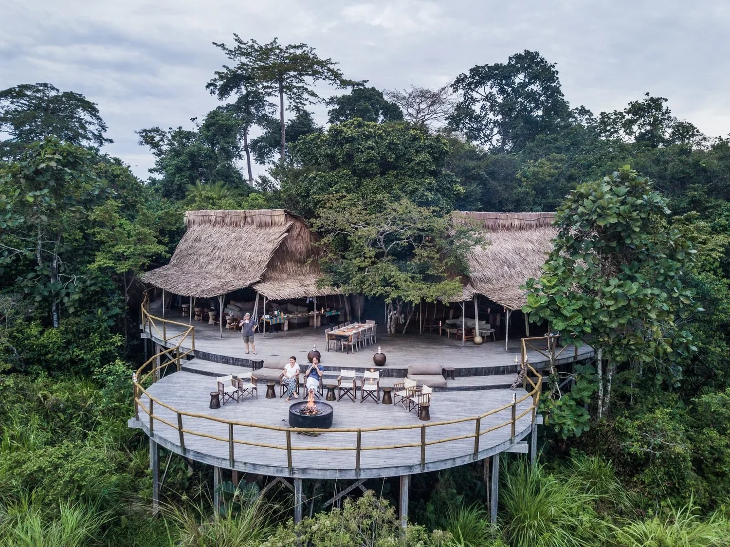 Aerial view of Lango Lodge deck overlooking Lango Baï
