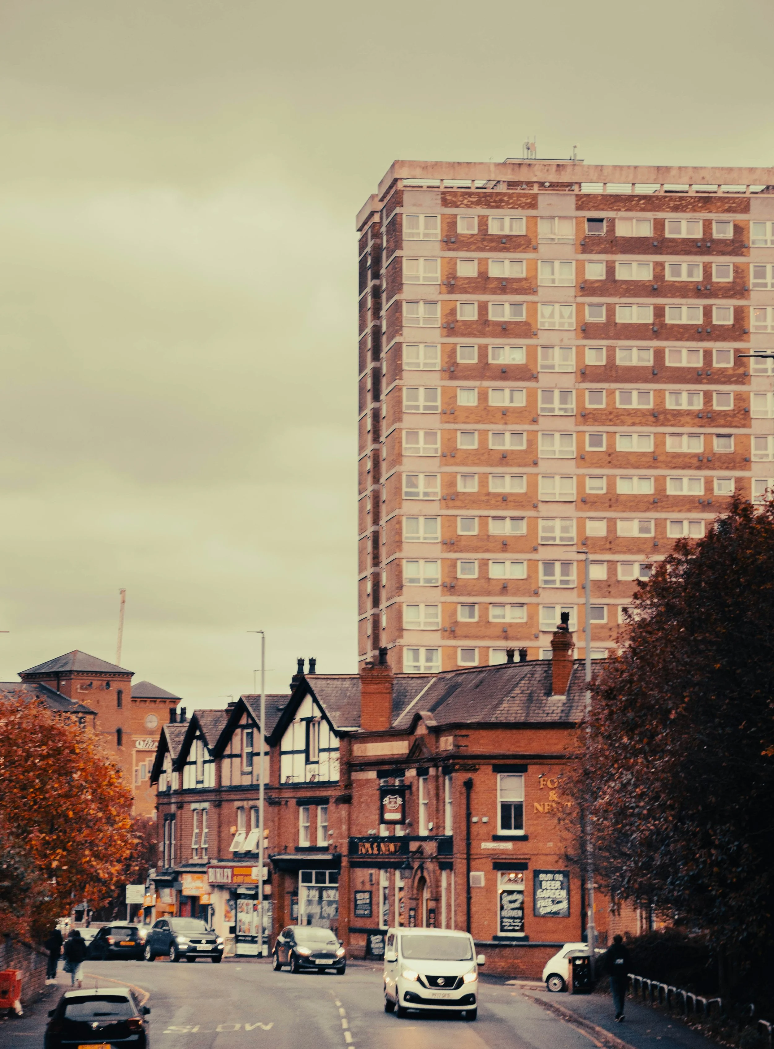 English city with high street and tower block