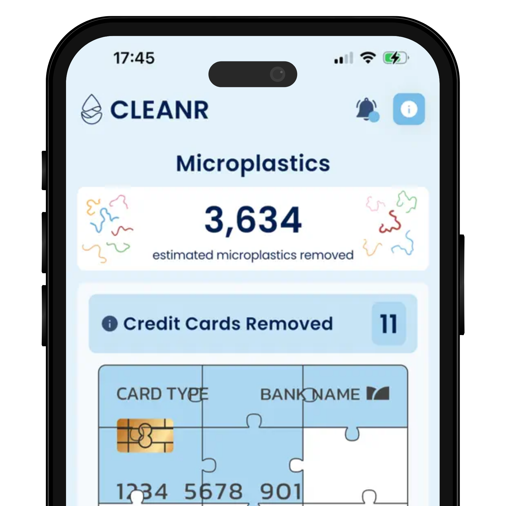 CLEANR App dashboard showing microplastics removed