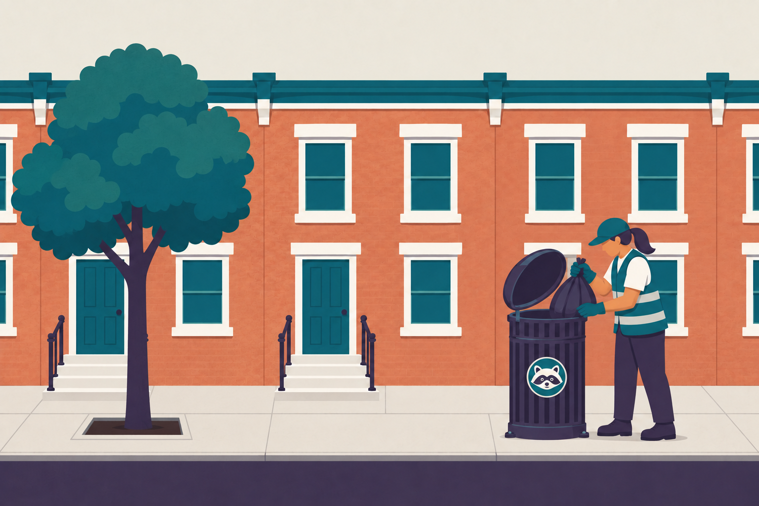 Illustration of a public trash can on a Philadelphia rowhouse block.