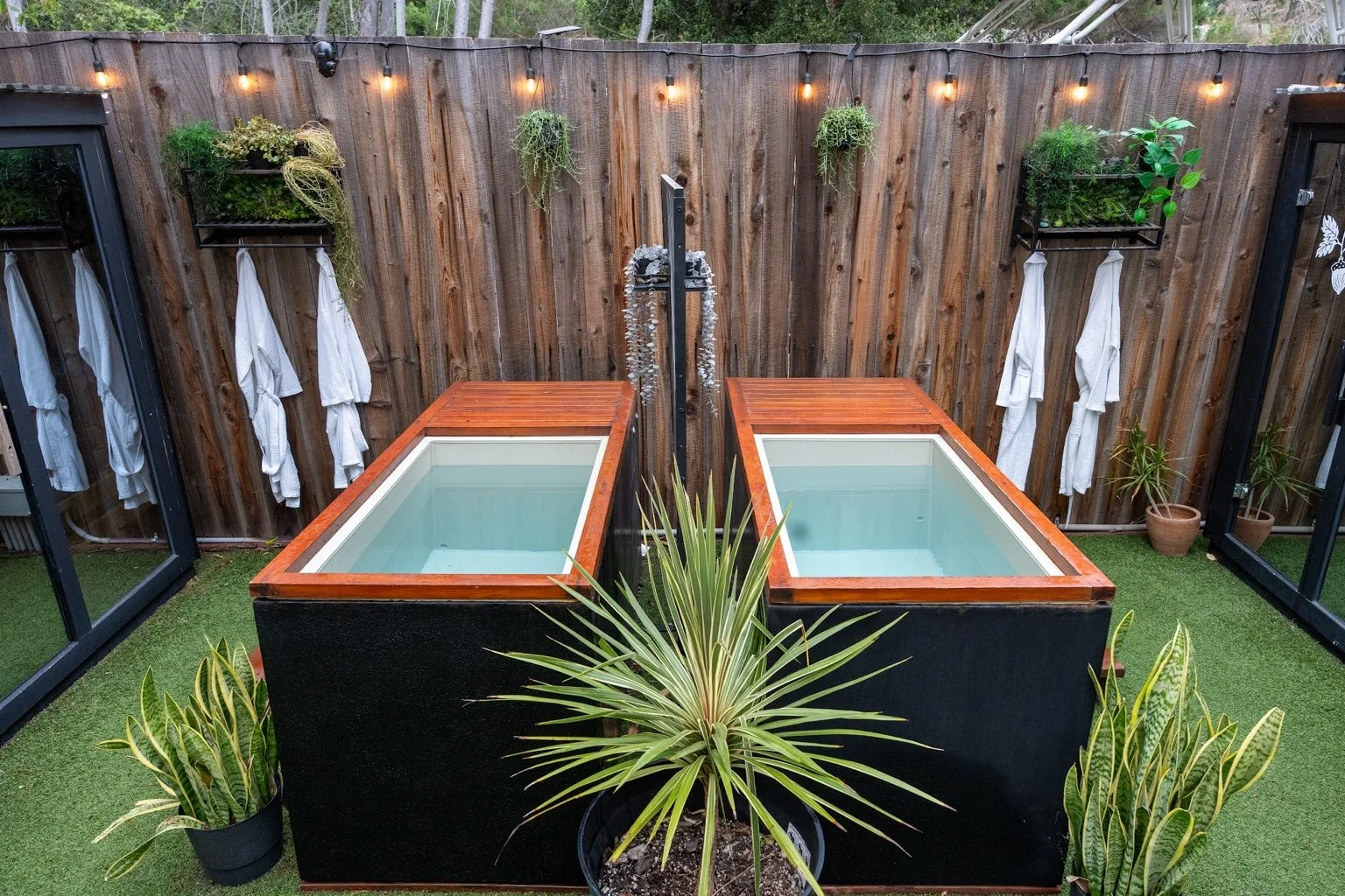 Two cold plunge tubs in the Acorn & Oak courtyard, surrounded by greenery and saunas