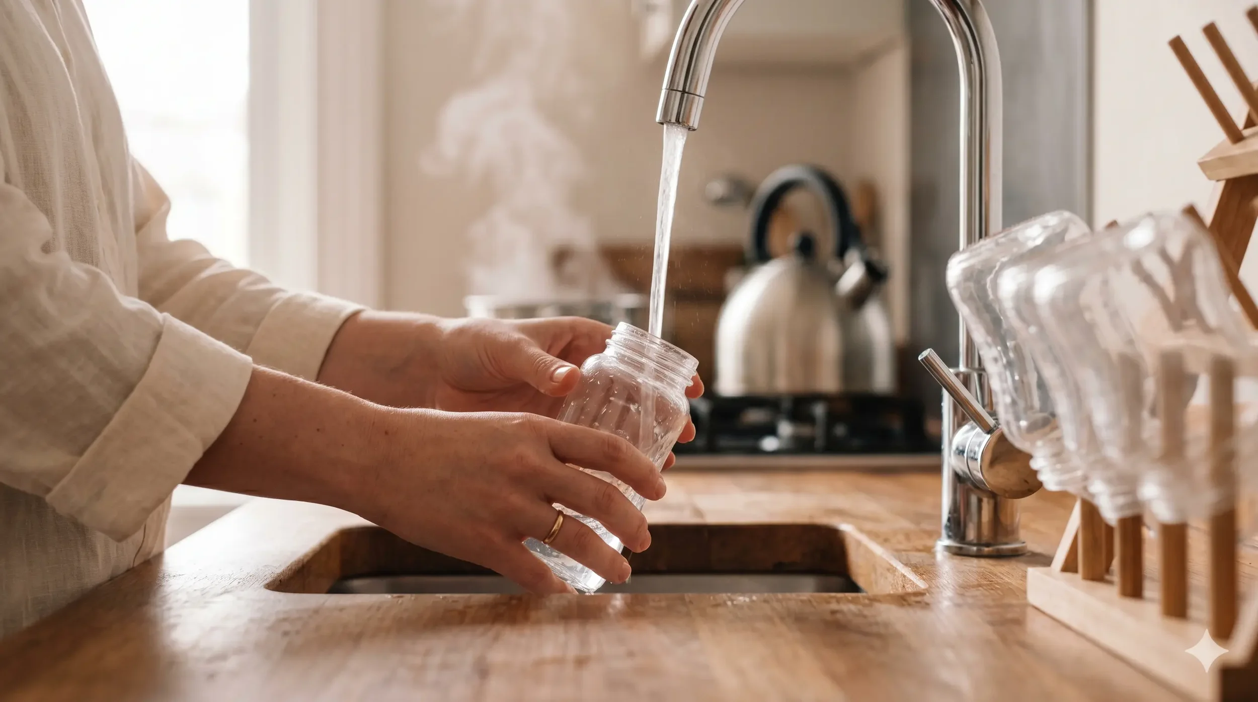 A mother's hands rinsing a glass baby bottle under cold tap water from a chrome faucet, with steam rising from a kettle on a stove softly out of focus in the background.