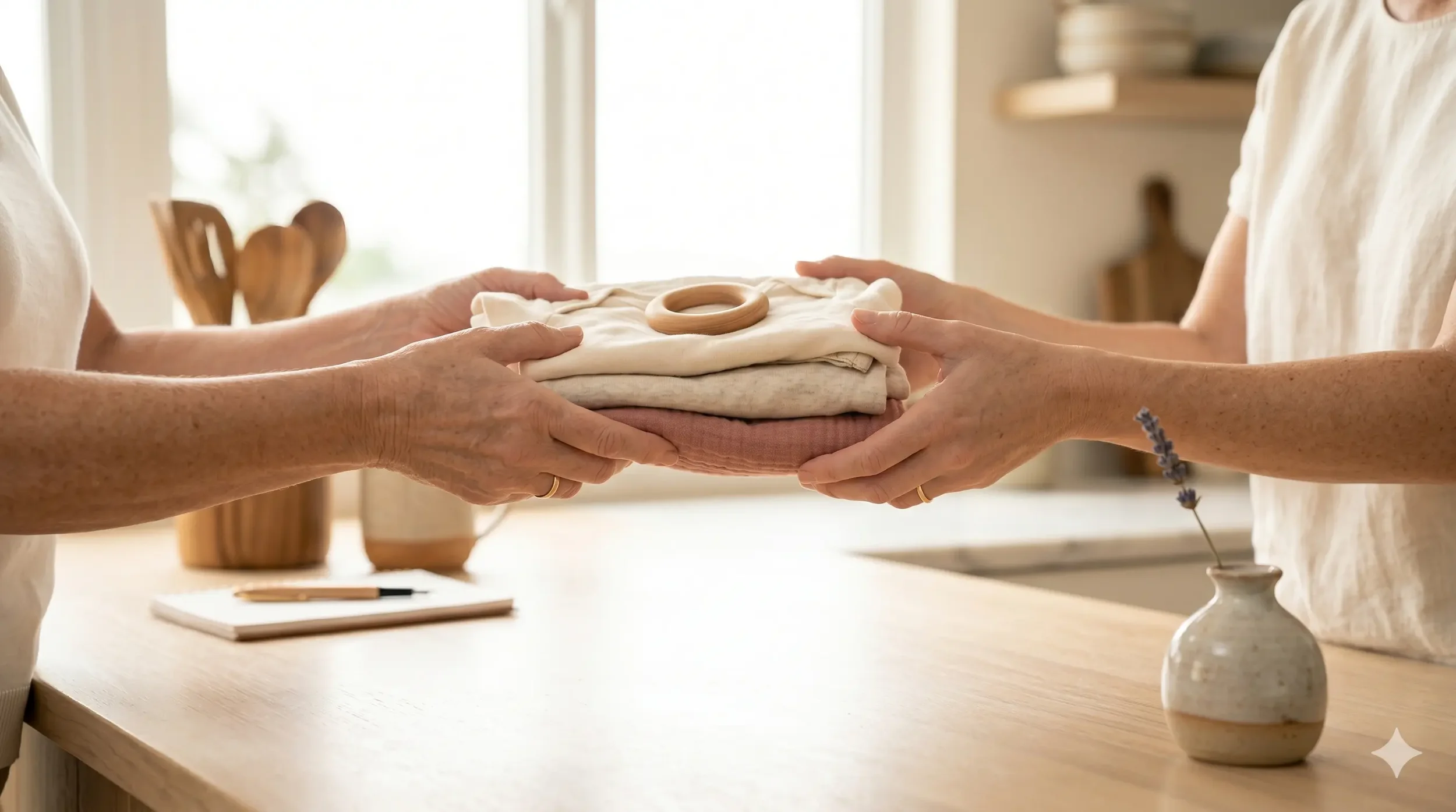 A folded stack of well-loved baby clothes and a wooden teether being passed between two pairs of hands — one older woman's hands gifting them and one younger mother's hands receiving — at a sunlit kitchen counter.