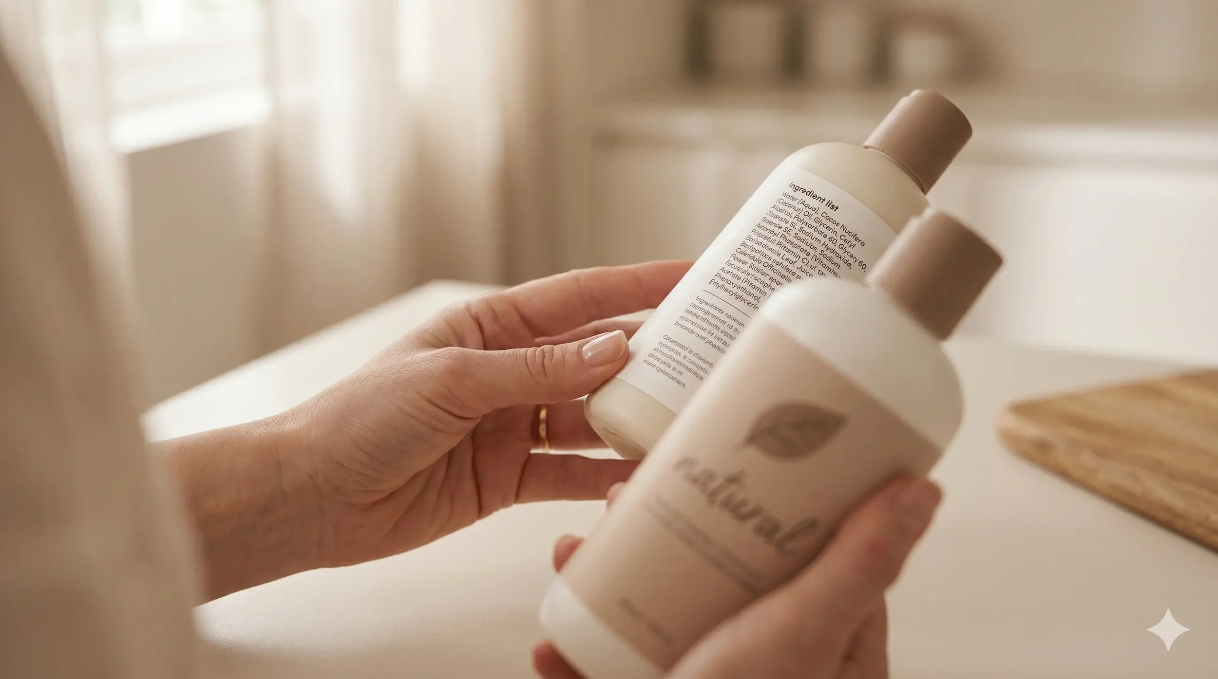 Close-up of a woman's hands turning a baby product bottle to read the back ingredient panel, with the front label's leaf graphic and natural wording softly out of focus in the foreground.