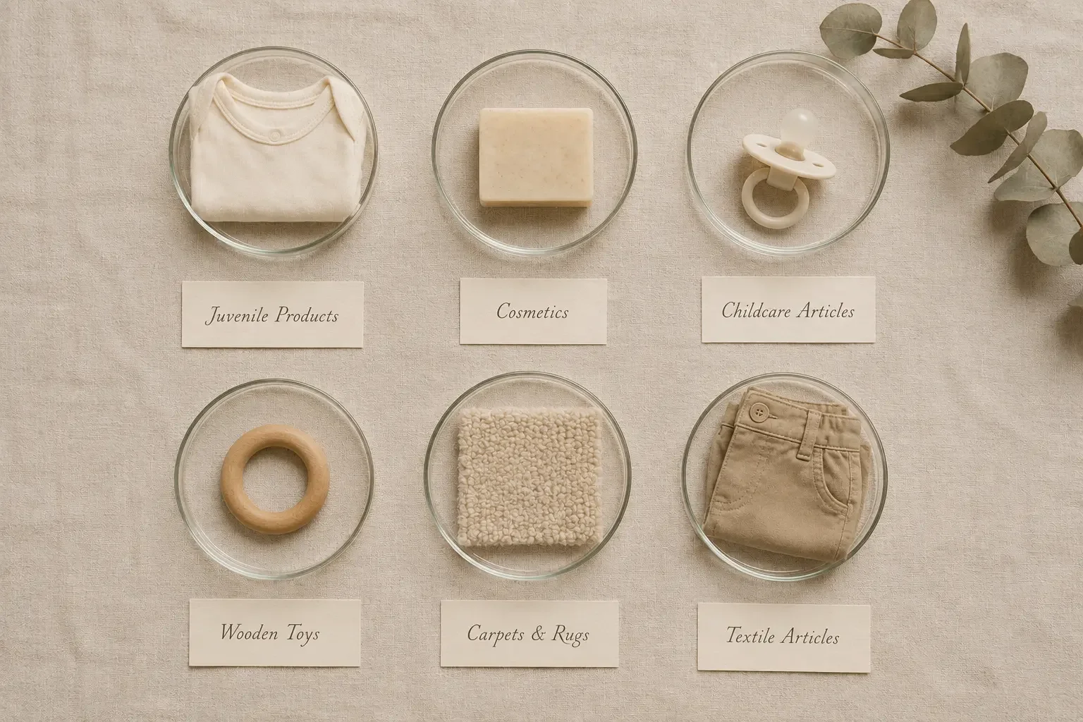 A flat-lay overhead view showing six small clear glass dishes arranged in a 3x2 grid on a soft cream linen surface, each holding a representative item from regulated product categories — onesie, soap, pacifier, wooden teether, carpet swatch, stain-resistant pants — each labeled with a handwritten paper card.