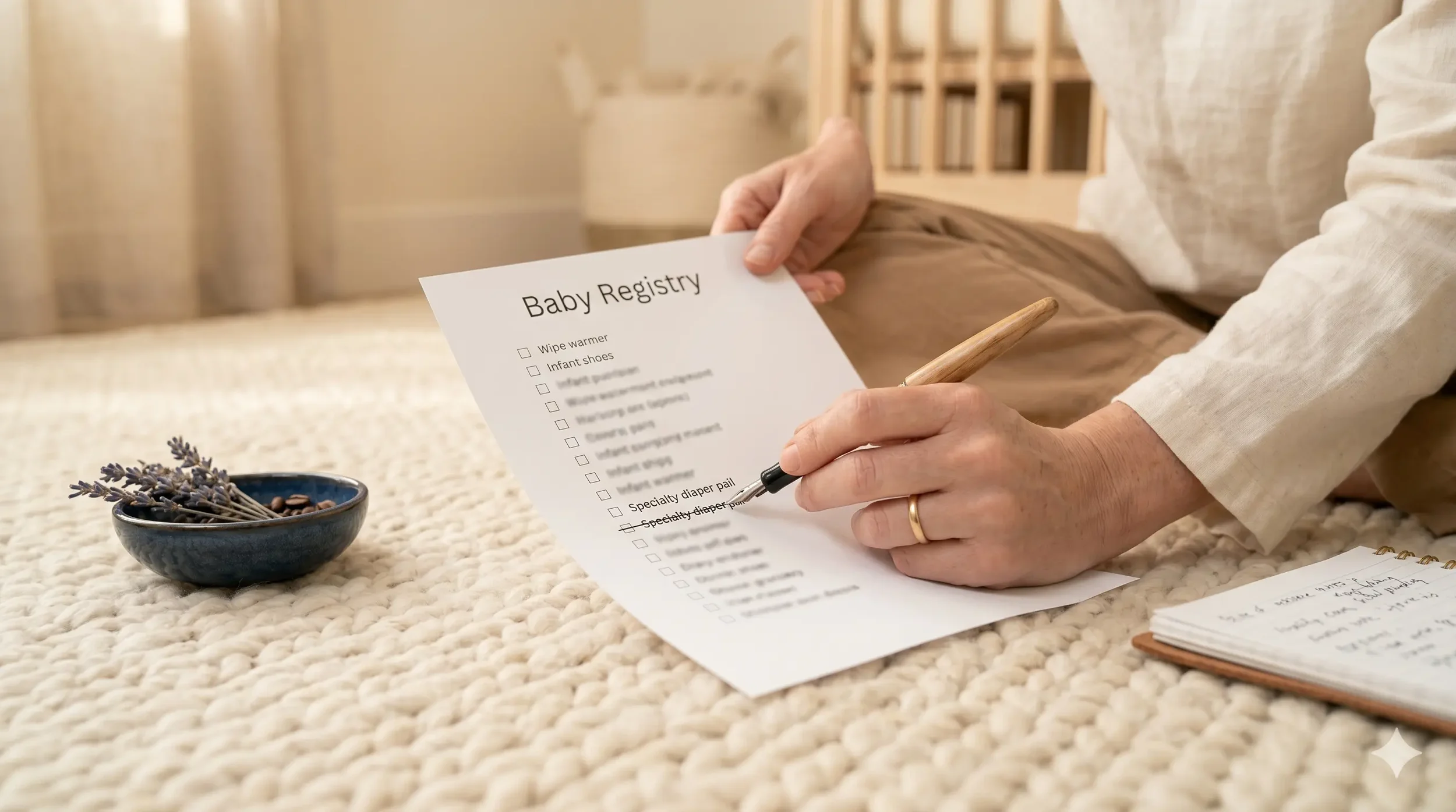 A mother's hands gently crossing out a line item on a printed paper baby registry list at a wooden kitchen table, with a coffee cup and a pen visible beside her.
