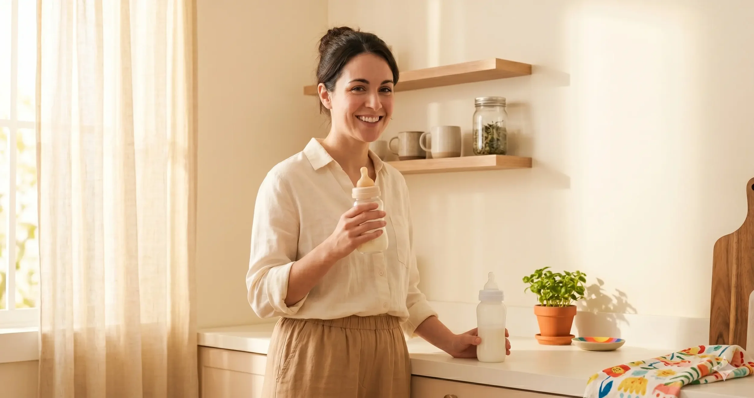 A mother in her early thirties stands at a sunlit kitchen counter holding a glass baby bottle in one hand and looking thoughtfully at a polypropylene plastic baby bottle she's set down on the counter beside her.