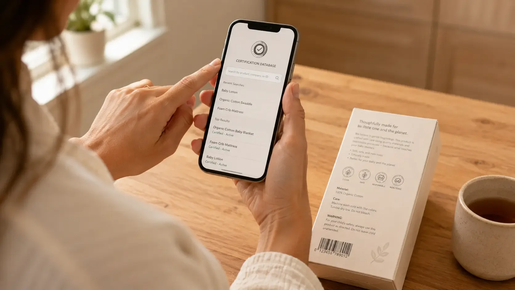 A close-up of a woman's hands holding a smartphone showing a generic certification verification database search interface, with a baby product package resting on the warm wood kitchen counter beside her.