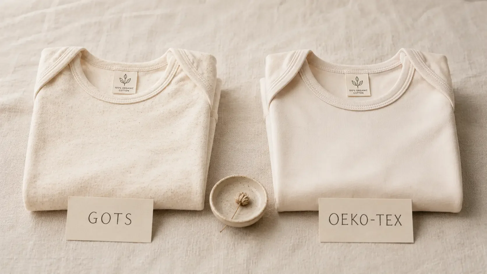 Two folded organic cotton baby garments placed side by side on a warm cream linen surface, the left labeled with a small handwritten card reading GOTS and the right labeled OEKO-TEX.