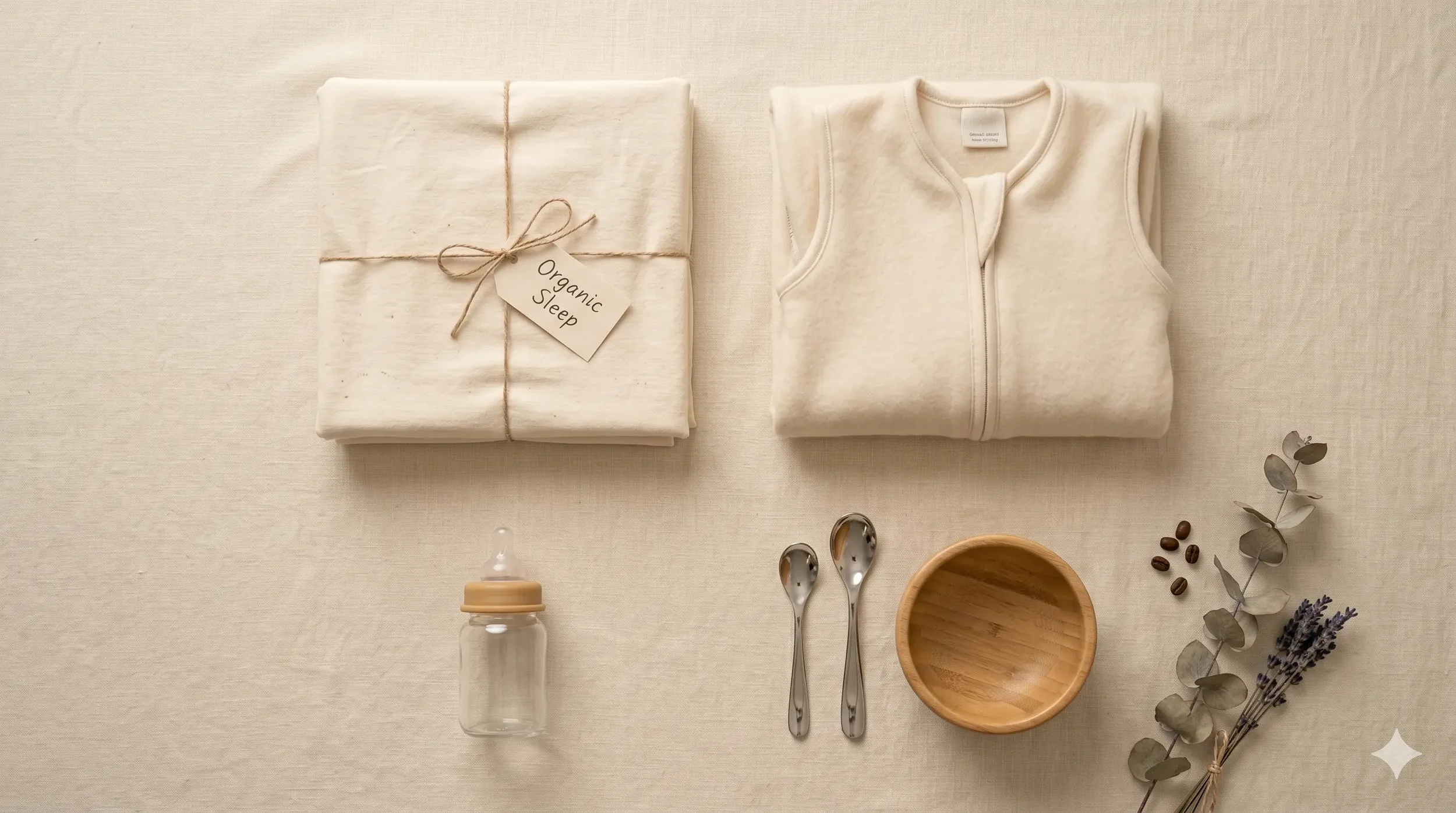 A flat-lay arrangement of a non-toxic baby sleep setup and feeding gear on a cream linen surface — a GOTS-certified organic cotton crib sheet folded, a small glass baby bottle with silicone nipple, a wool sleep sack, and a stainless-steel infant spoon.