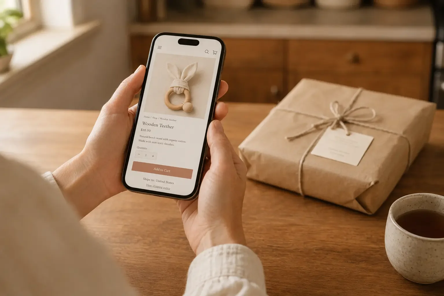 A close-up of a woman's hands holding a smartphone showing a generic online product page interface with a small ships-to-your-address notice visible, with a brown paper-wrapped package on the kitchen counter beside her.