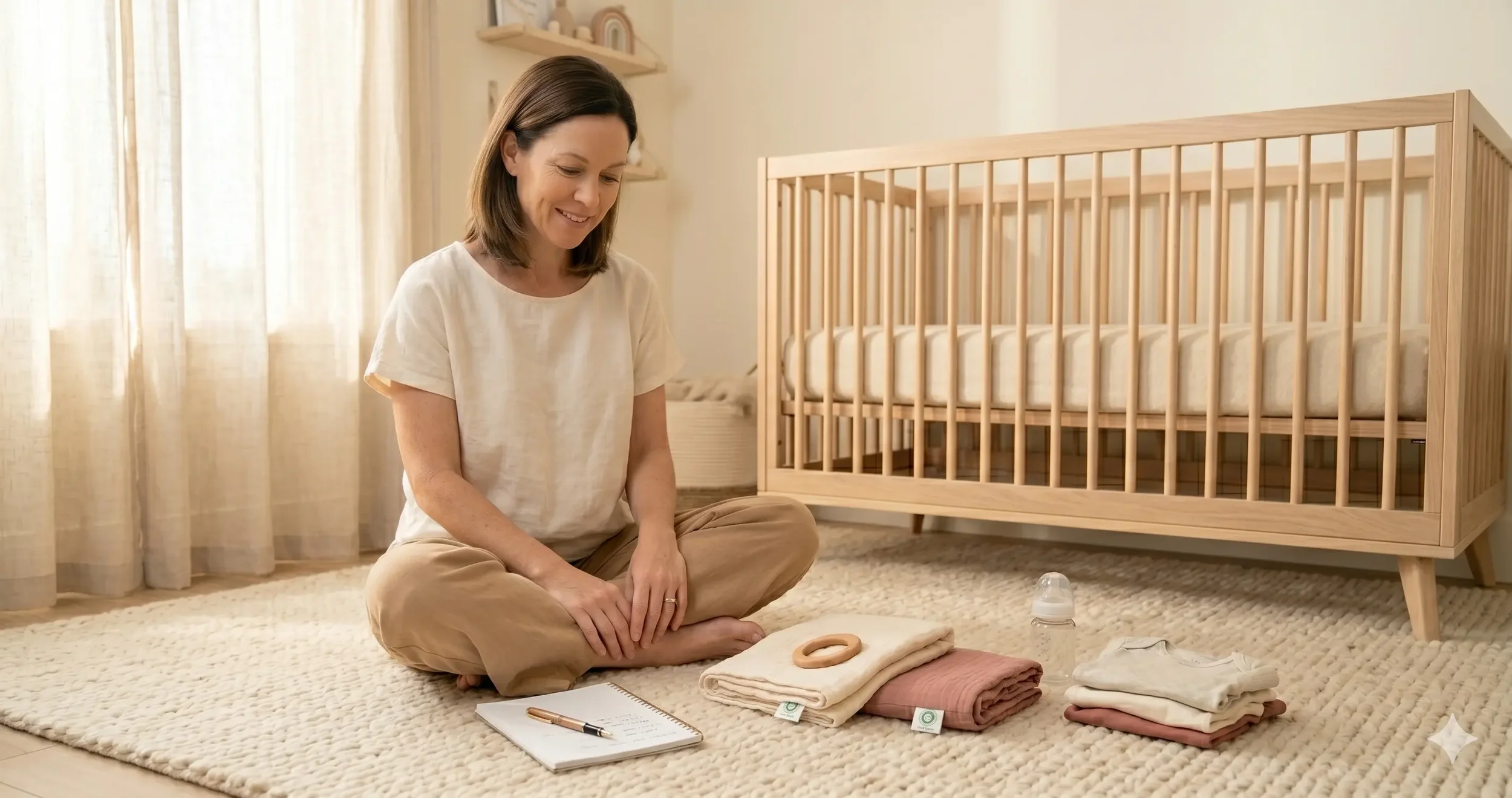 A mother in her early thirties sits cross-legged on a soft cream rug in a half-set-up nursery, holding a phone and reviewing a baby registry list, surrounded by a few unwrapped baby items including a wooden teether and folded organic muslin swaddles.