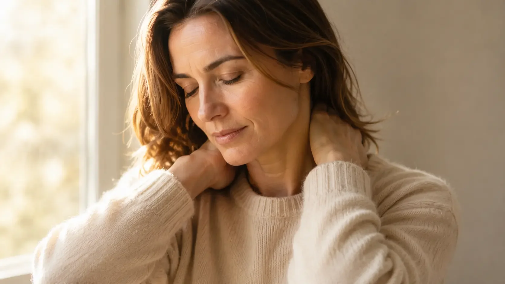 A close-up of a woman's hands resting on the back of her neck, eyes softly closed, captured in a quiet moment of noticing tension in her own body — the kind of small pause most ambitious women override and keep going past.