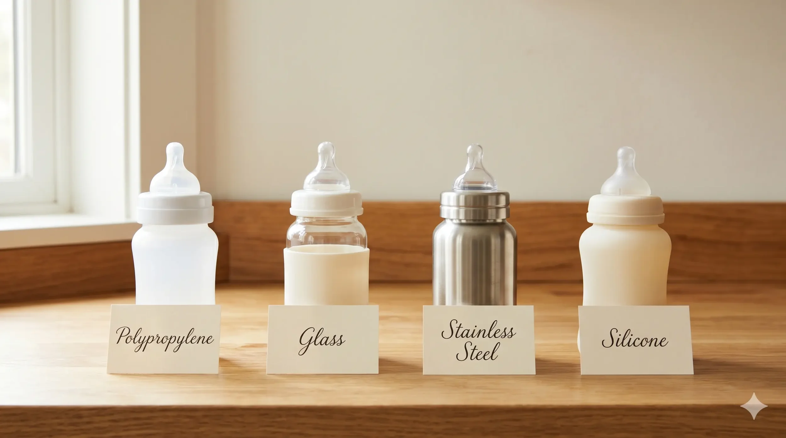 A row of four baby bottles arranged side-by-side on a warm wood kitchen counter — a polypropylene plastic bottle, a clear glass bottle, a stainless-steel insulated bottle, and a soft silicone bottle — each labeled with a handwritten card.