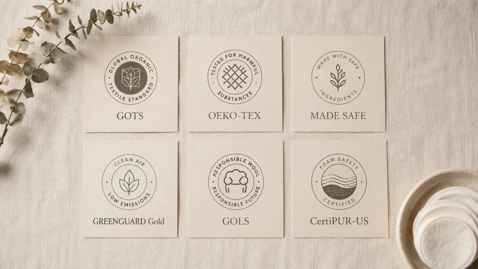 A flat-lay overhead view on a soft cream linen surface showing six small printed certification cards arranged in a clean grid — generic seal designs labeled GOTS, OEKO-TEX, MADE SAFE, GREENGUARD Gold, GOLS, and CertiPUR-US.