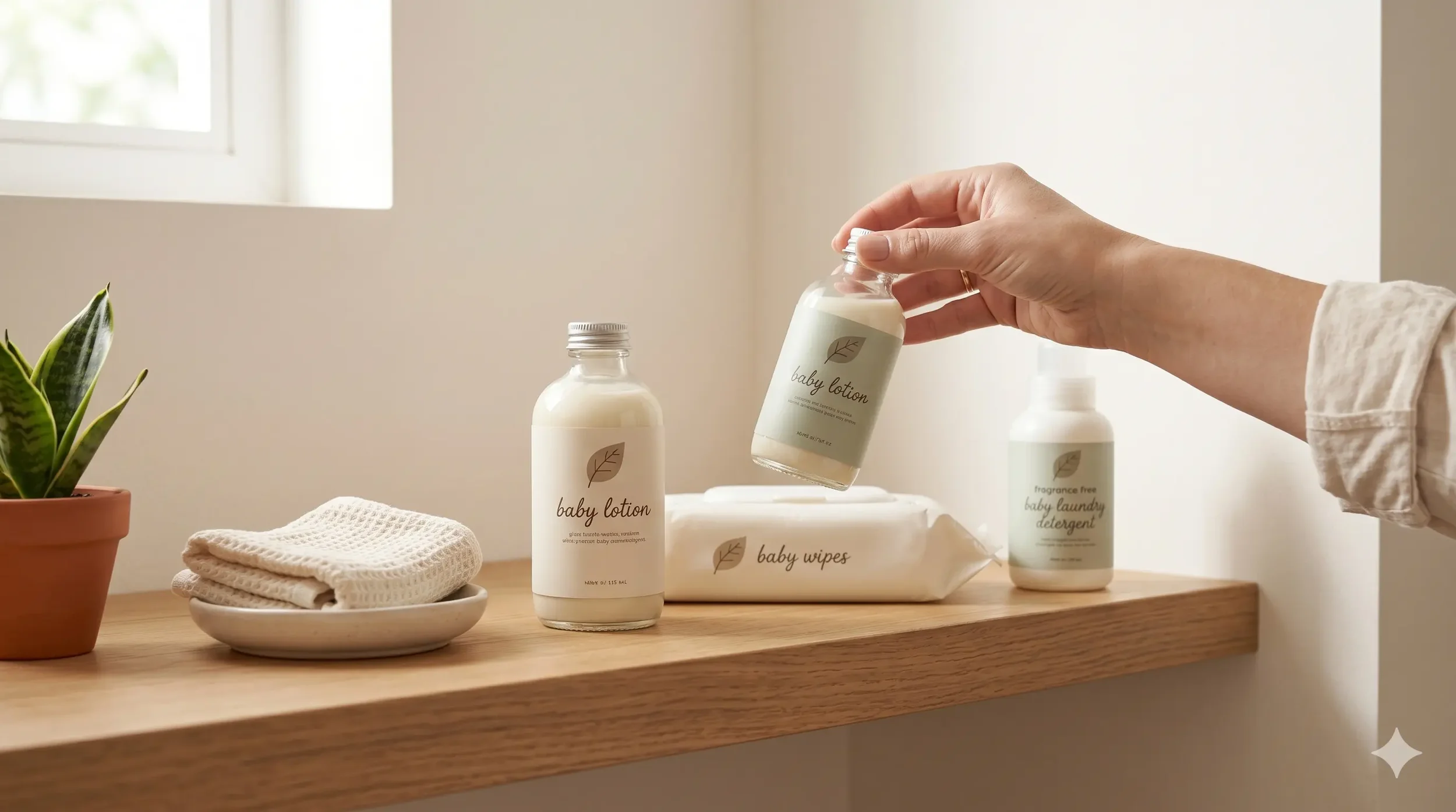 Three baby products — a lotion, a packet of wipes, and a small laundry detergent bottle — arranged on a warm wood bathroom shelf, with a parent's hand reaching to inspect one.