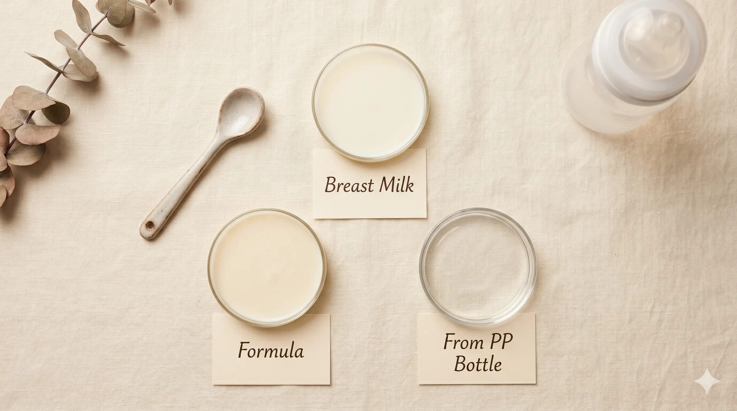 A flat-lay overhead view on a soft cream linen surface showing three small clear glass dishes containing breast milk, prepared formula, and water poured from a polypropylene bottle, with handwritten paper labels for each.