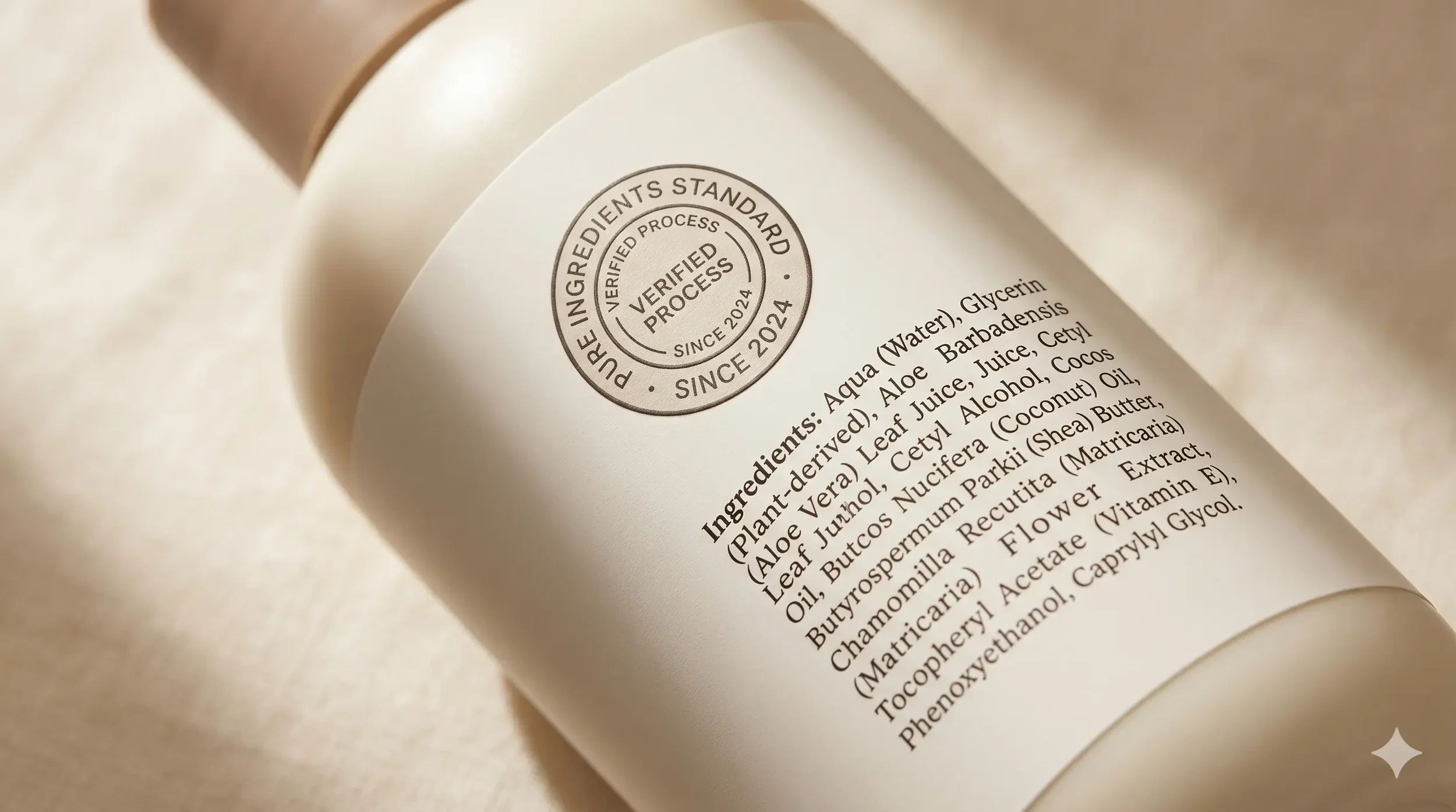 Macro shot of a baby product label showing a clearly visible third-party certification seal beside the ingredient list, photographed against a soft cream background.