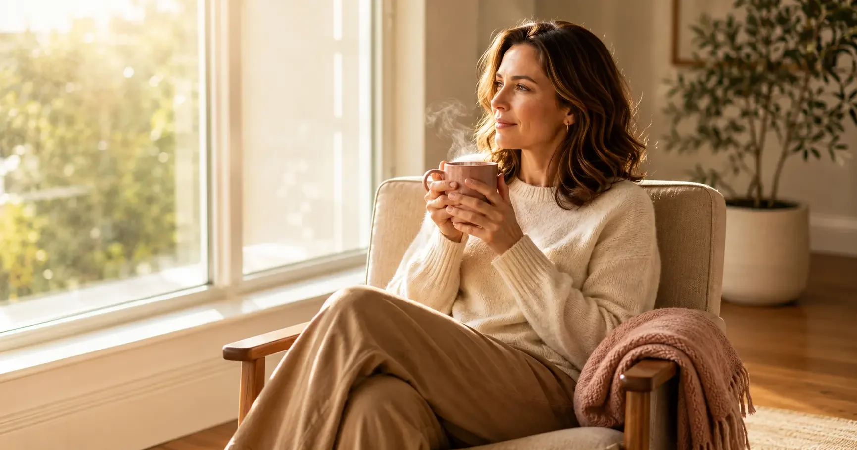 A woman in her late thirties sits by a sunlit window with a warm ceramic mug held in both hands, looking softly out the window in a quiet introspective moment, conveying a calm pause rather than alarm or exhaustion.