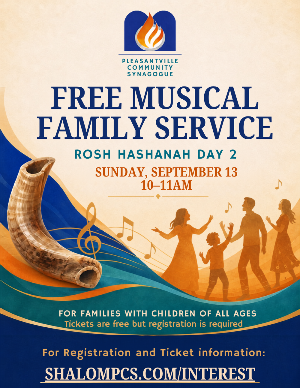 Flyer for Pleasantville Community Synagogue's free musical family service on Rosh Hashanah Day Two, Sunday September 13, 10 to 11 am.