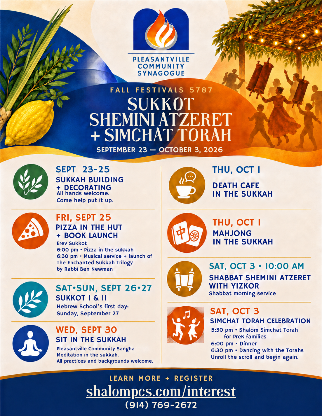 PCS Fall Festivals 5787 flyer: Sukkot, Shemini Atzeret, and Simchat Torah, September 23 through October 3, 2026.