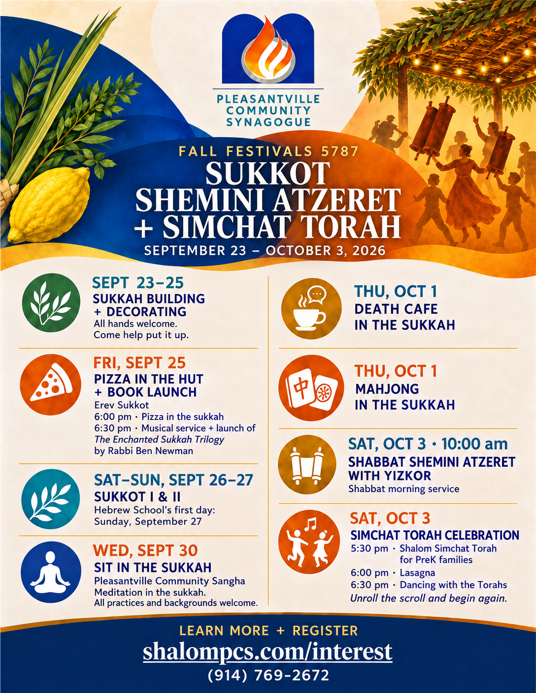 PCS Fall Festivals 5787 flyer: Sukkot, Shemini Atzeret, and Simchat Torah, September 23 through October 3, 2026.
