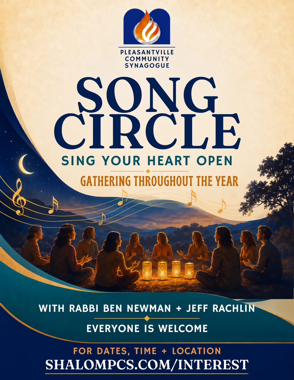 Flyer for Pleasantville Community Synagogue's Song Circle with Rabbi Ben Newman and Jeff Rachlin, gathering throughout the year. Everyone is welcome. For dates, time, and location, visit shalompcs.com/interest.