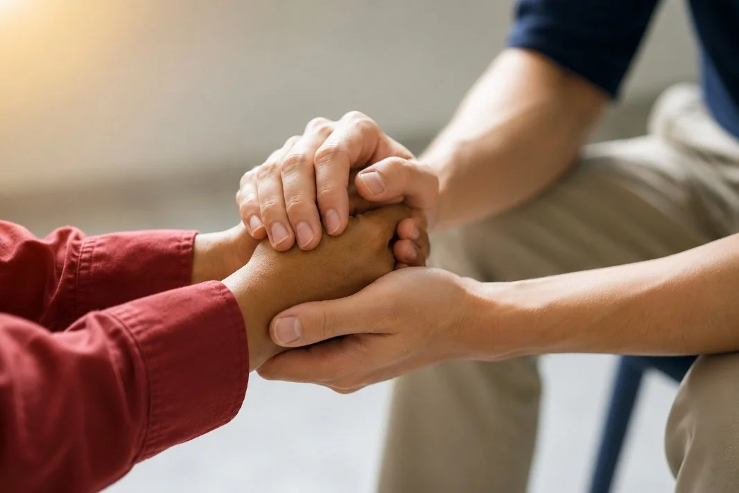 Therapist holding a client's hands during a supportive conversation