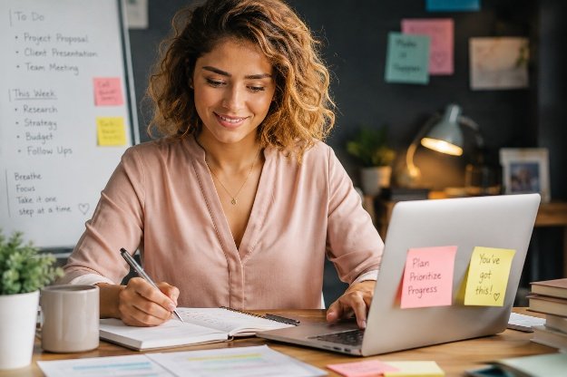 Woman organising tasks at a desk with written planning notes