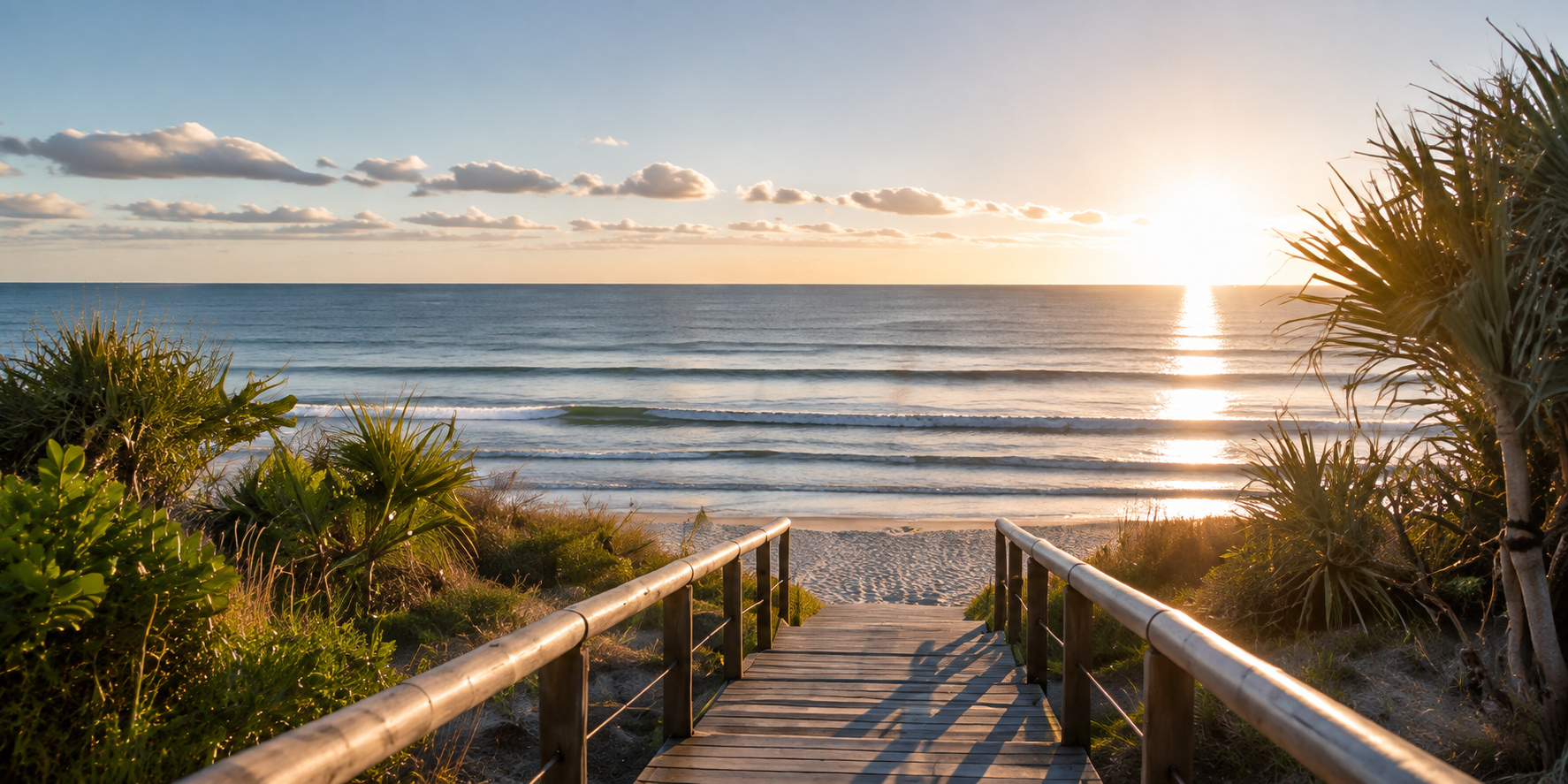 Beach access boardwalk overlooking the ocean at sunrise