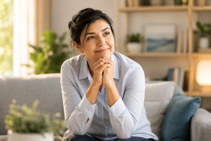 Woman sitting thoughtfully in a calm and comfortable room