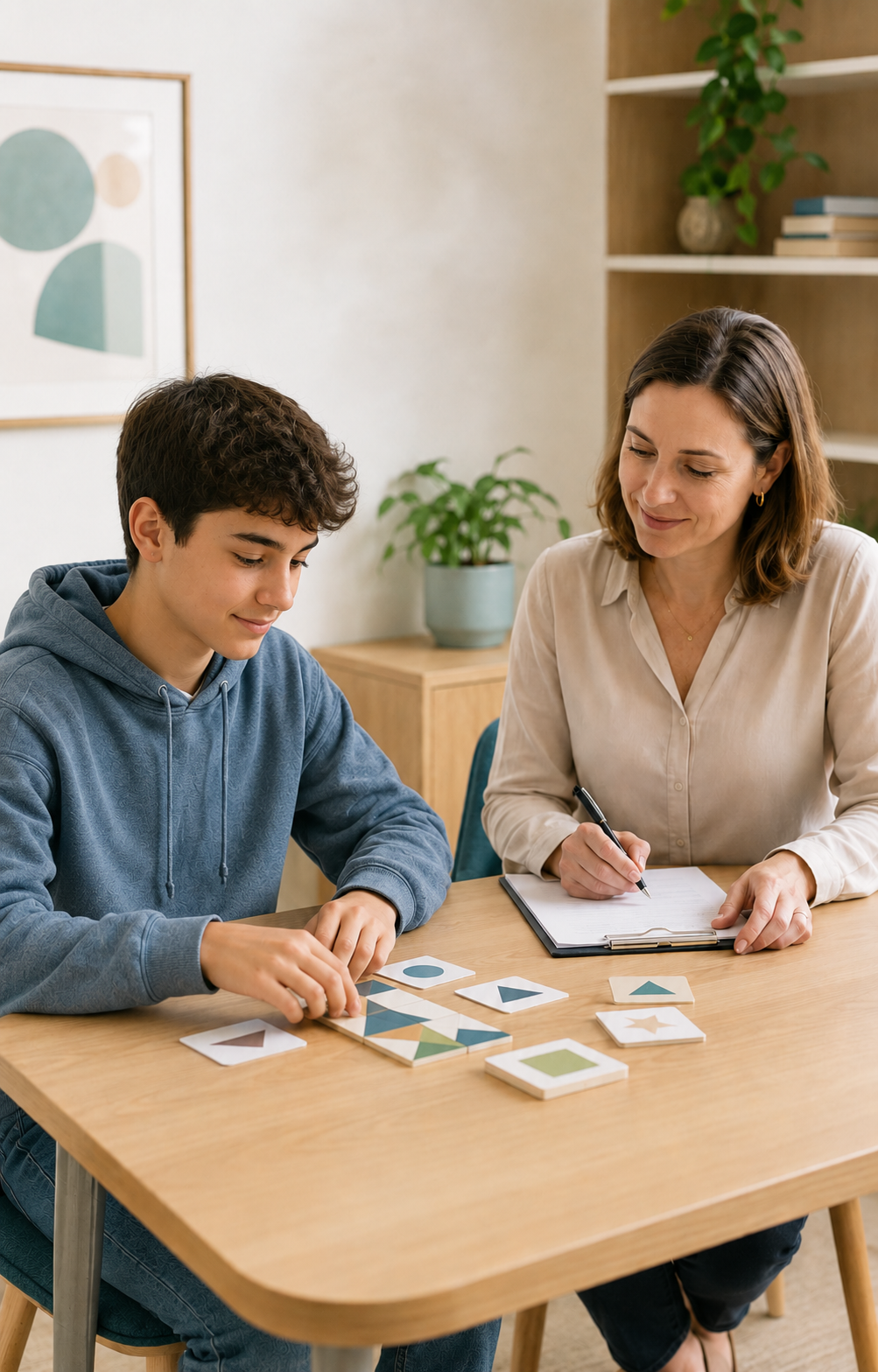 A psychologist supporting a teenager during a cognitive assessment