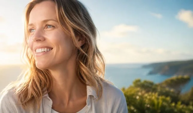 Woman smiling outdoors near the coast in soft natural light