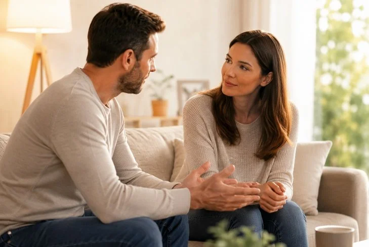 Couple having a calm and attentive conversation at home