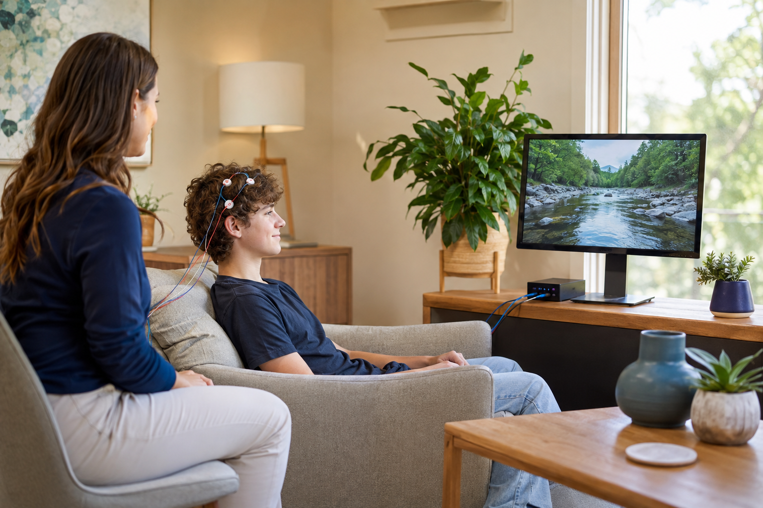 Teenager taking part in a clinician-guided neurofeedback session