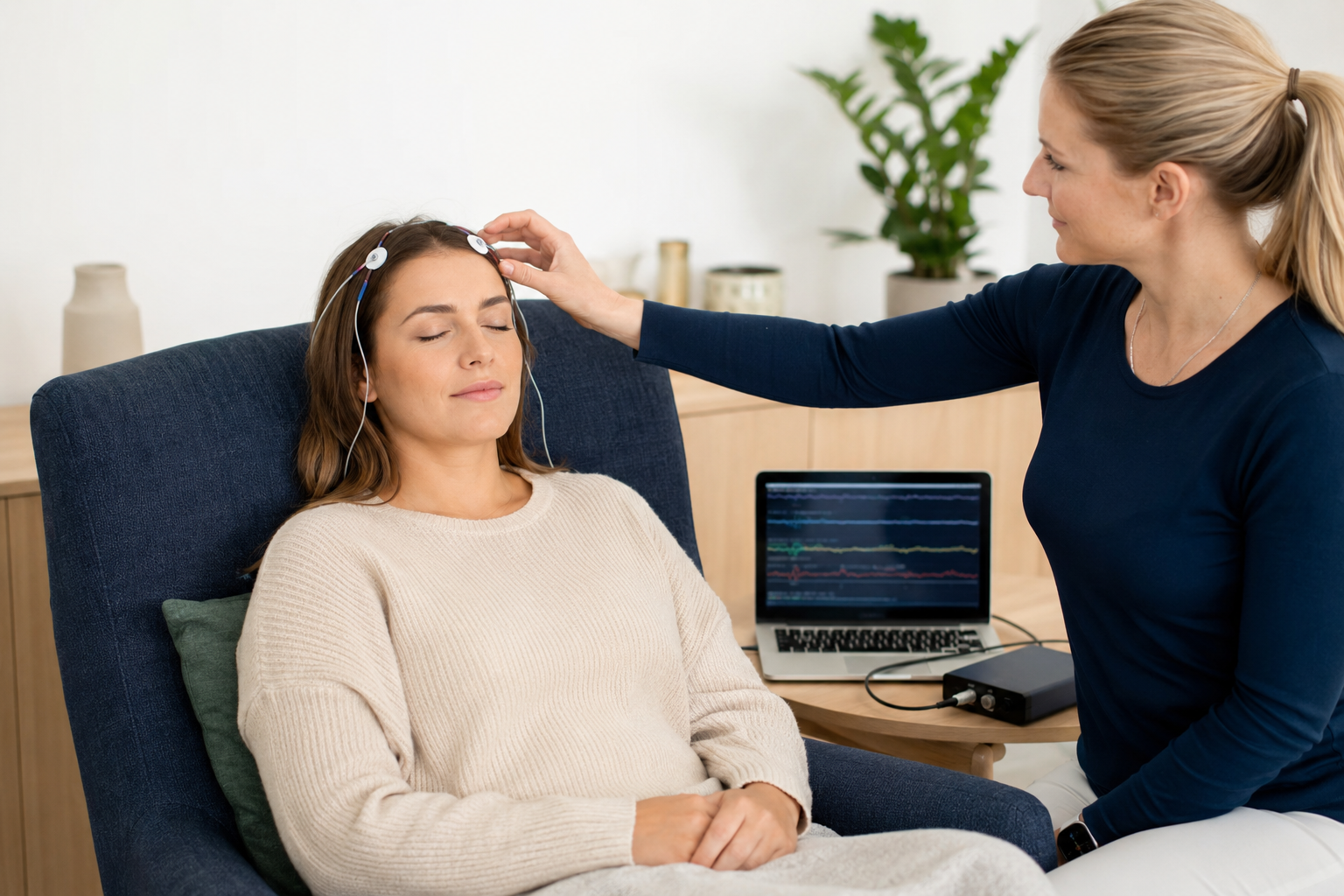 Client relaxing during an infra-low neurofeedback session