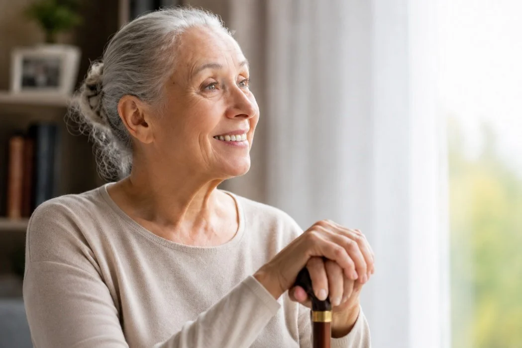Older woman smiling while seated beside a bright window