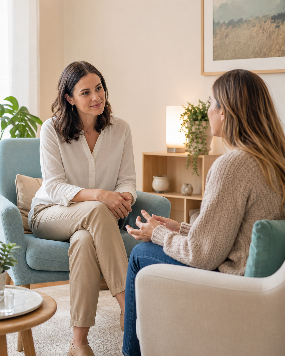 A psychologist listening attentively to a client during a welcoming first session