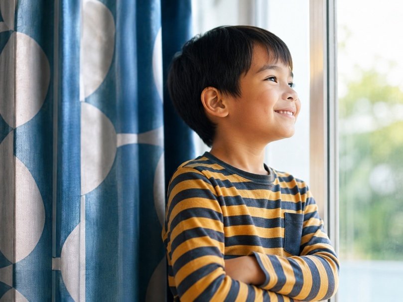 Child standing confidently by a window with arms crossed