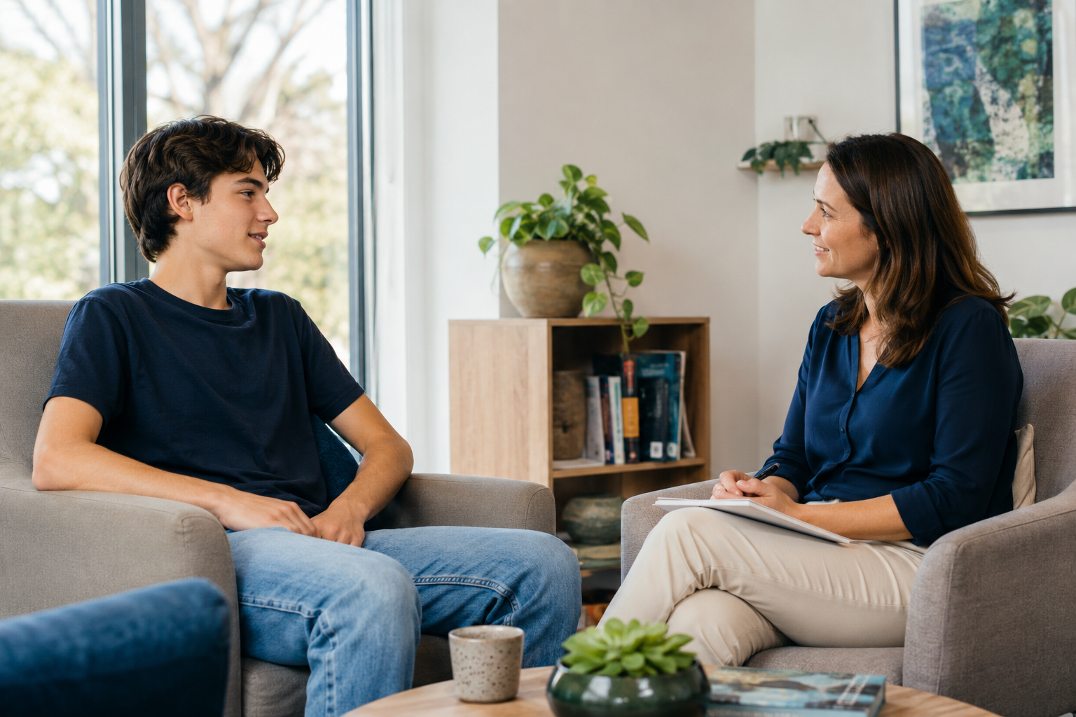Teenager having a respectful conversation with a psychologist